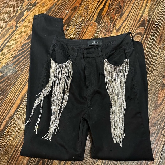 AKIRA Size 5 black Rhinestone fringe jeans - Picture 5 of 6